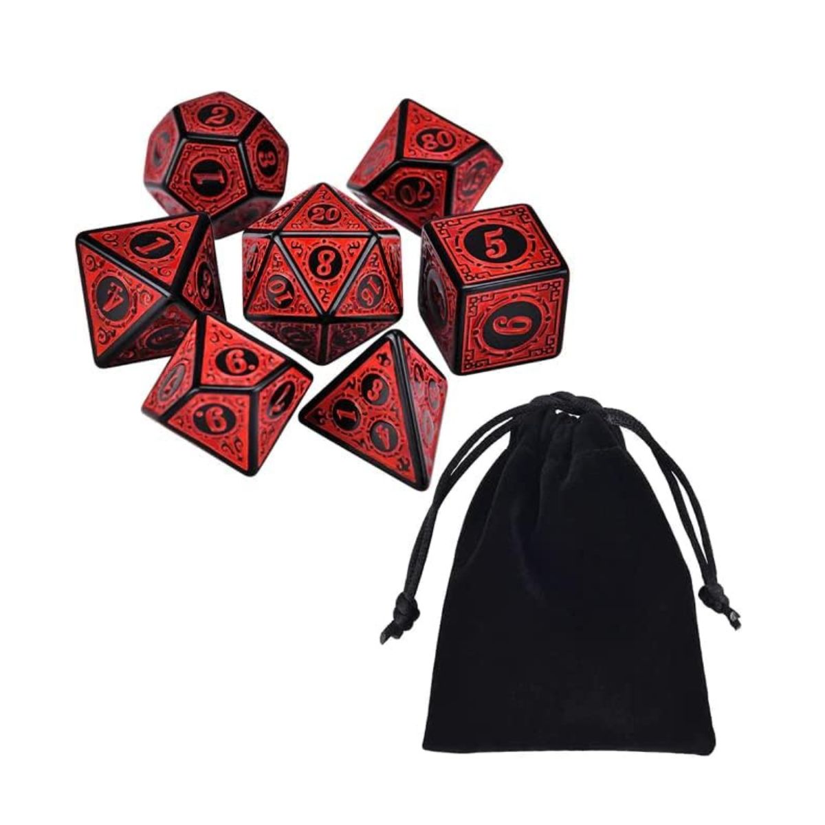 Dados Rpg Conjunto Com Sete - Runas Preta C/n° Vermelho