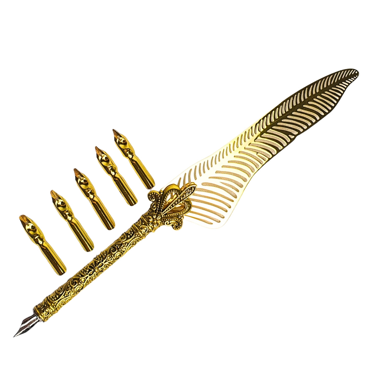 Kit Caneta Tinteiro com Pena de Metal Dourada - Modelo 2