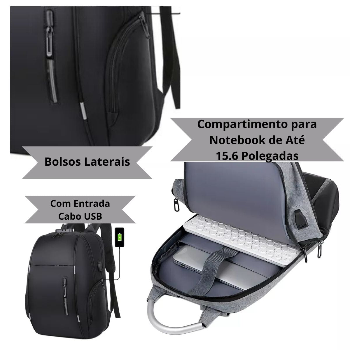 Mochila Antifurto Impermeável Preto Usb Com Trava E Código