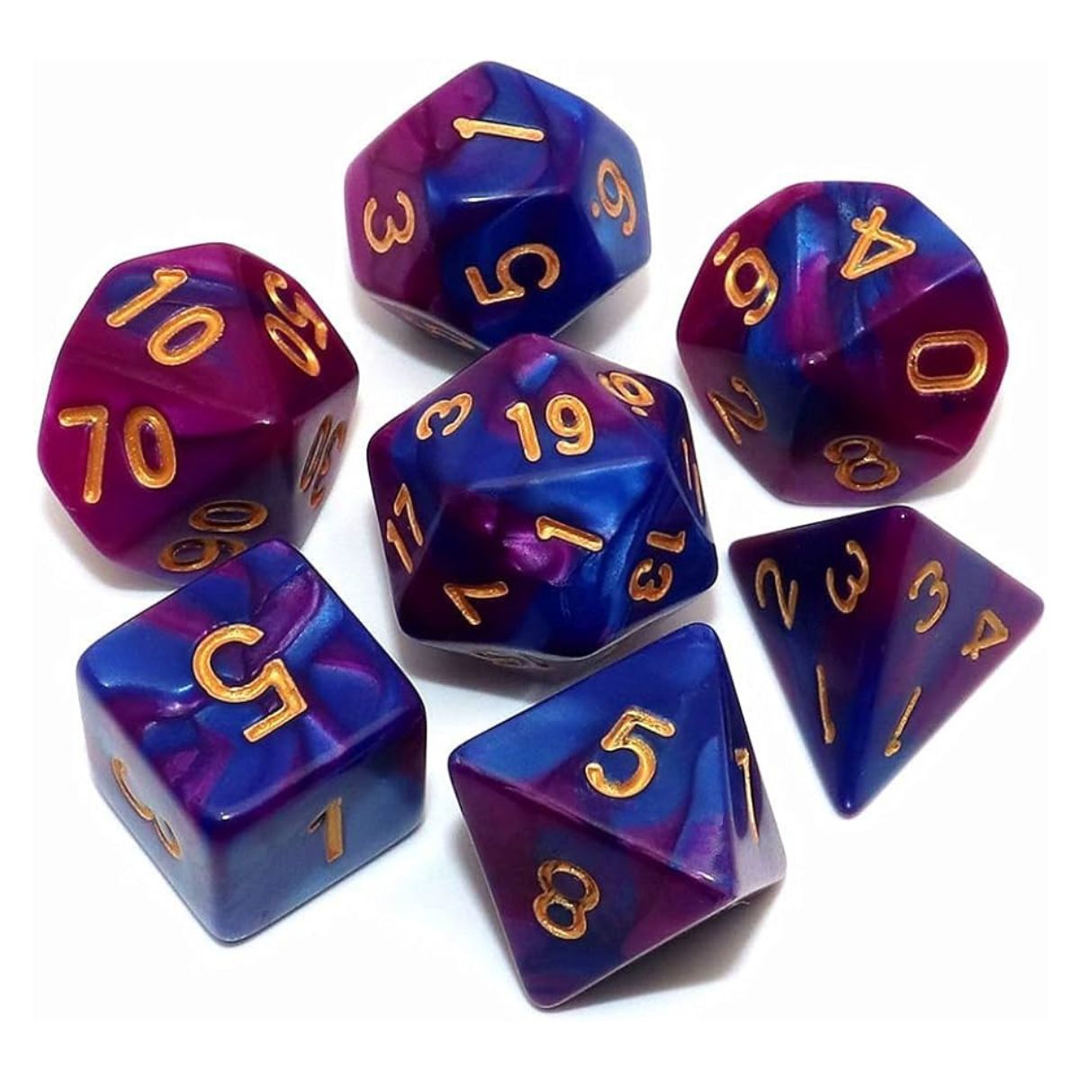 Conjunto de Dados para Rpg Roxo com Azul com N° Dourado