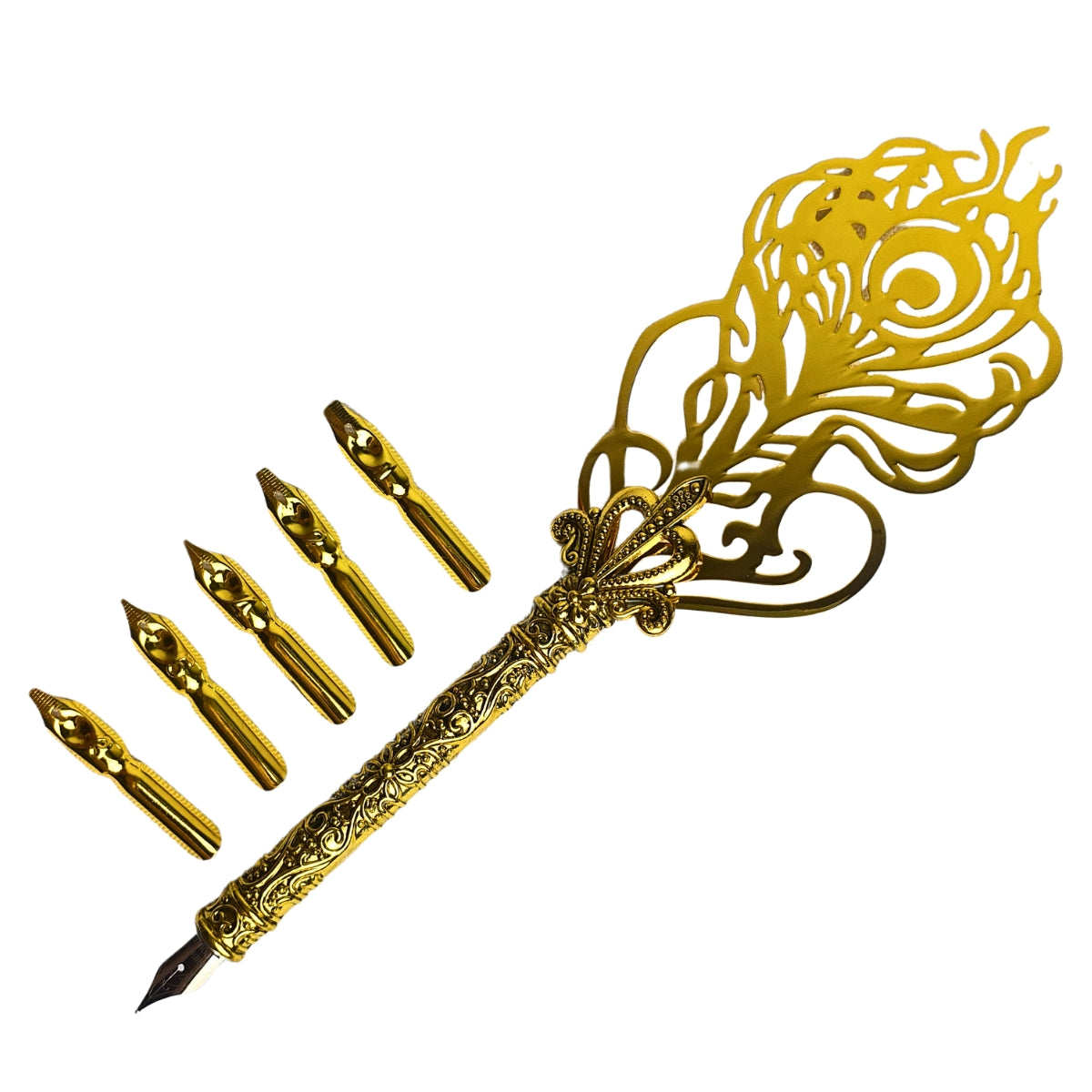 Kit Caneta Tinteiro com Pena de Metal Dourada - Modelo 3