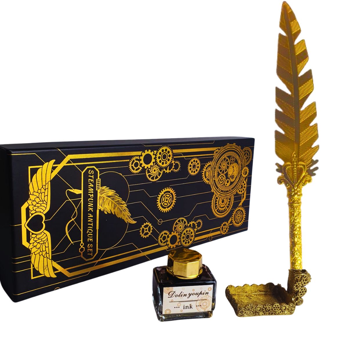 Kit Caneta Tinteiro Pena Dourado Com Tinta E Suporte - M6