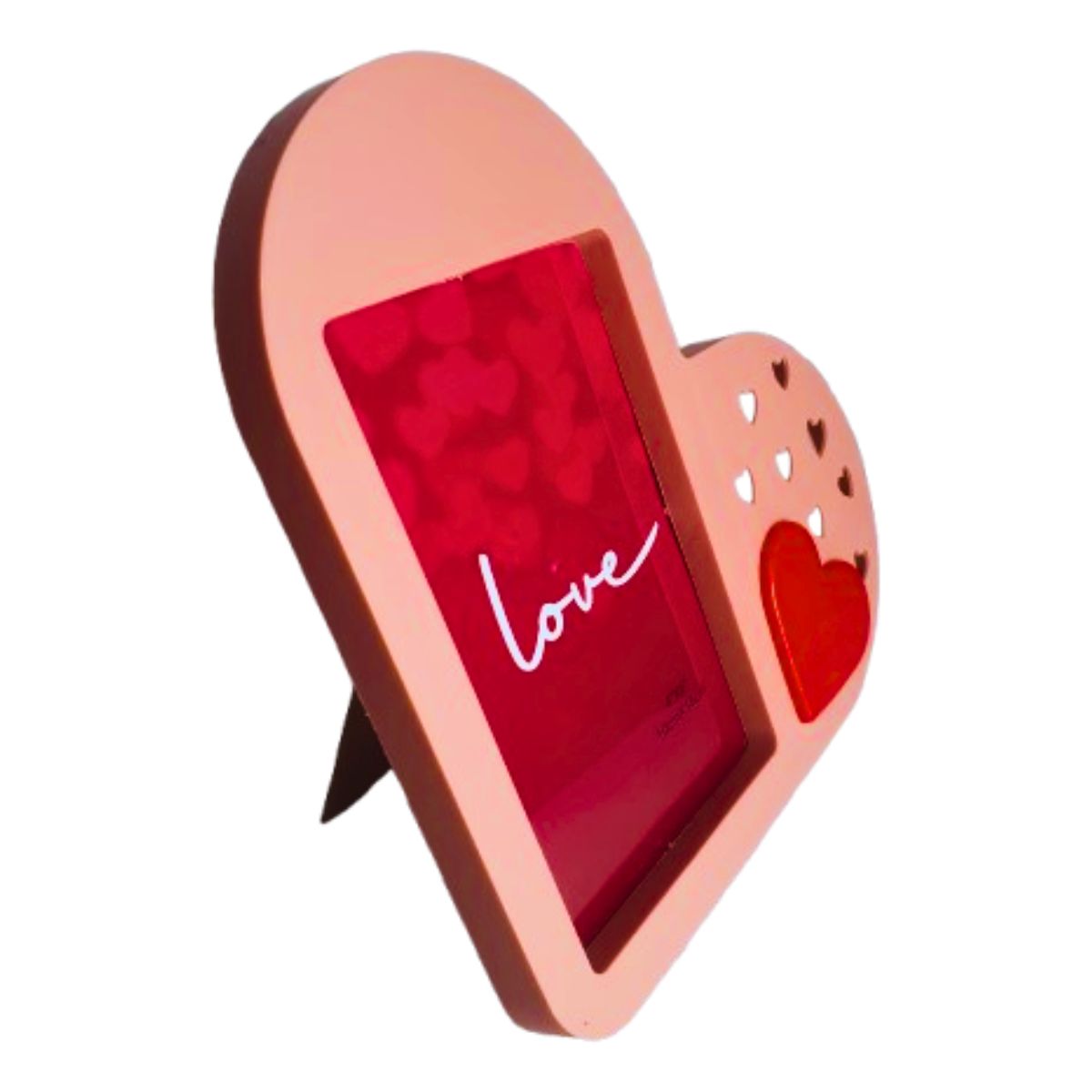 Kit Porta Retrato Coração Rosa Amor Love + Buquê com 24 Botões de Rosas Artificial C/ Tag