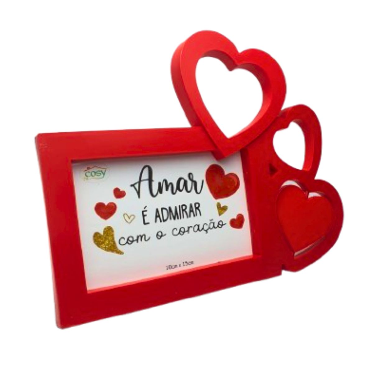 Kit Porta Retrato Coração Vermelho Amor Love + Buquê com 24 Botões de Rosas Artificial C/ Tag