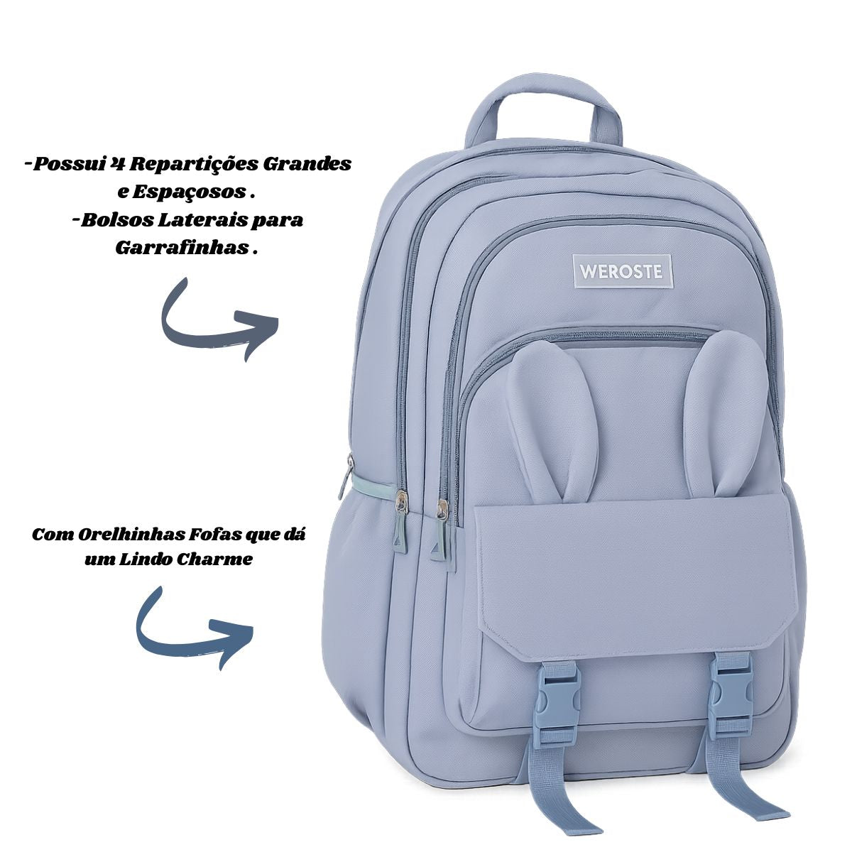 Mochila Bolsa Costas Feminina Com Chaveiro Ursinho Azul