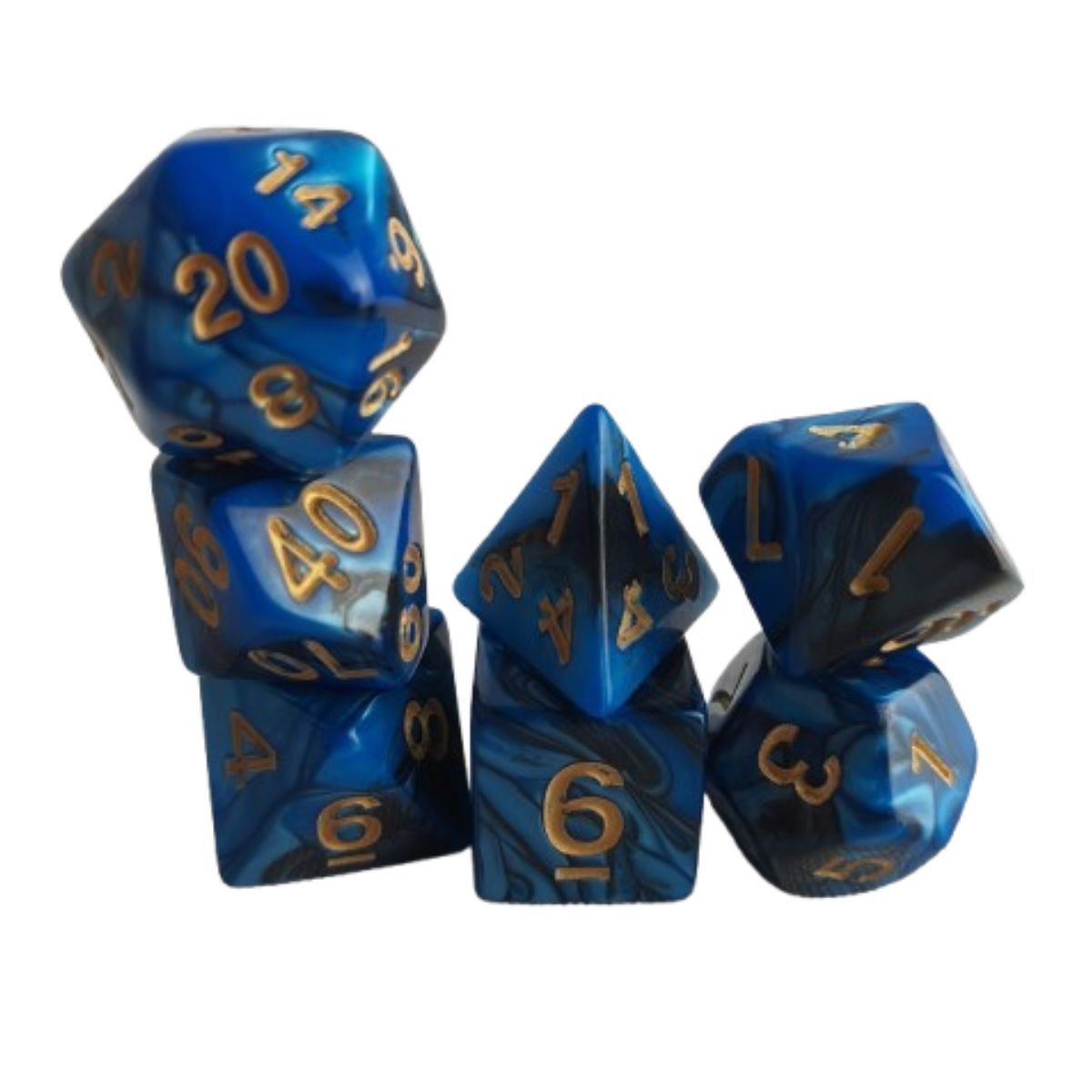 Dados Rpg Conjunto Com Sete - Azul Com Preto C/ N° Dourado