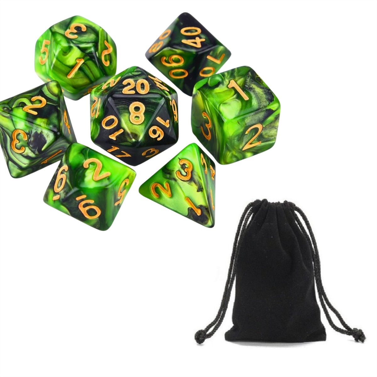 Conjunto de Dados para Rpg Verde com Preto com N° Dourado