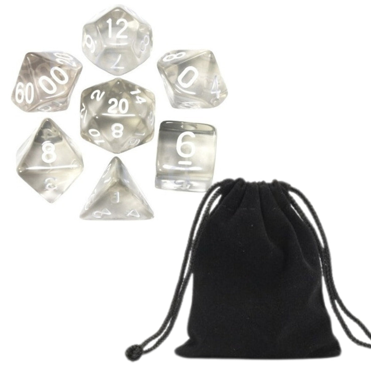 Conjunto de Dados para Rpg Transparente Translucido com N° Branco