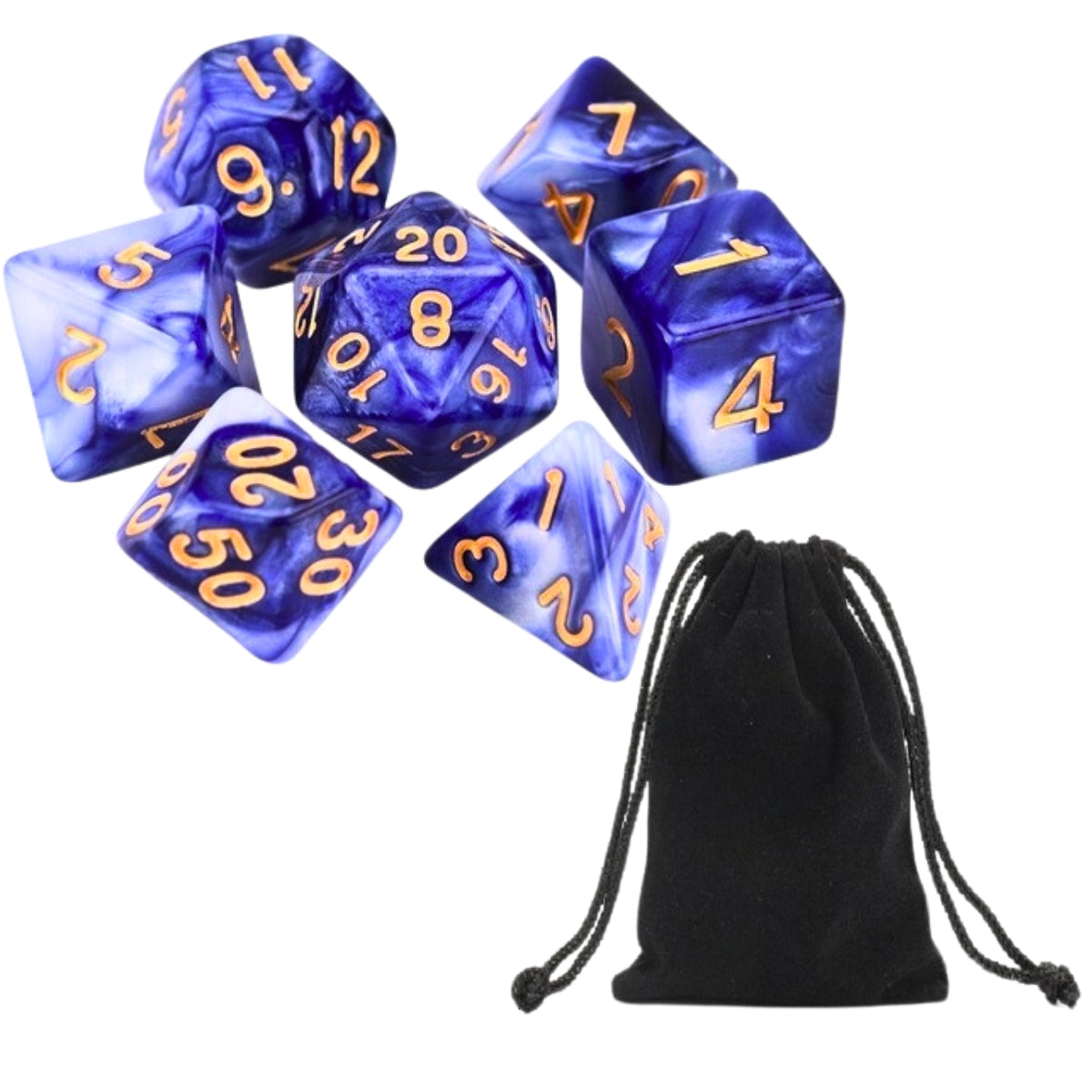 Conjunto de Dados para Rpg Azul com Branco com N° Dourado