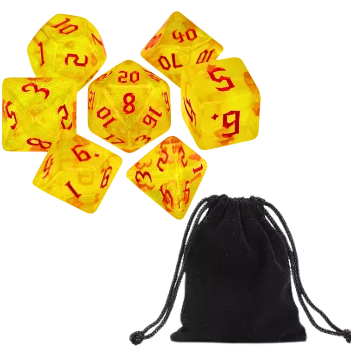 Conjunto de Dados para Rpg Perolado Glitter Amarelo com N° Vermelho