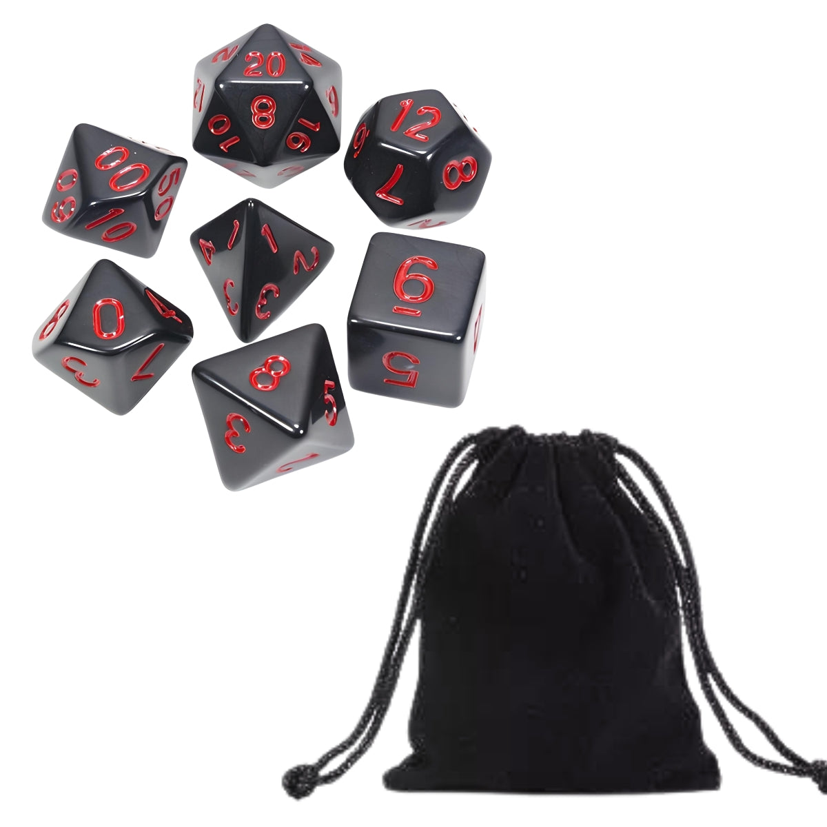 Conjunto de Dados para Rpg Preto com N° Vermelho
