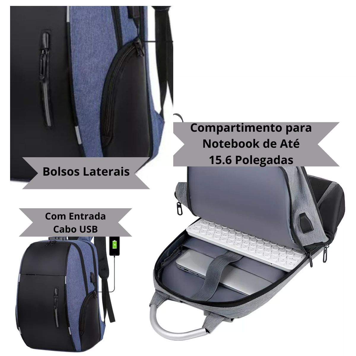 Mochila Antifurto Impermeável Azul Usb Com Trava E Código