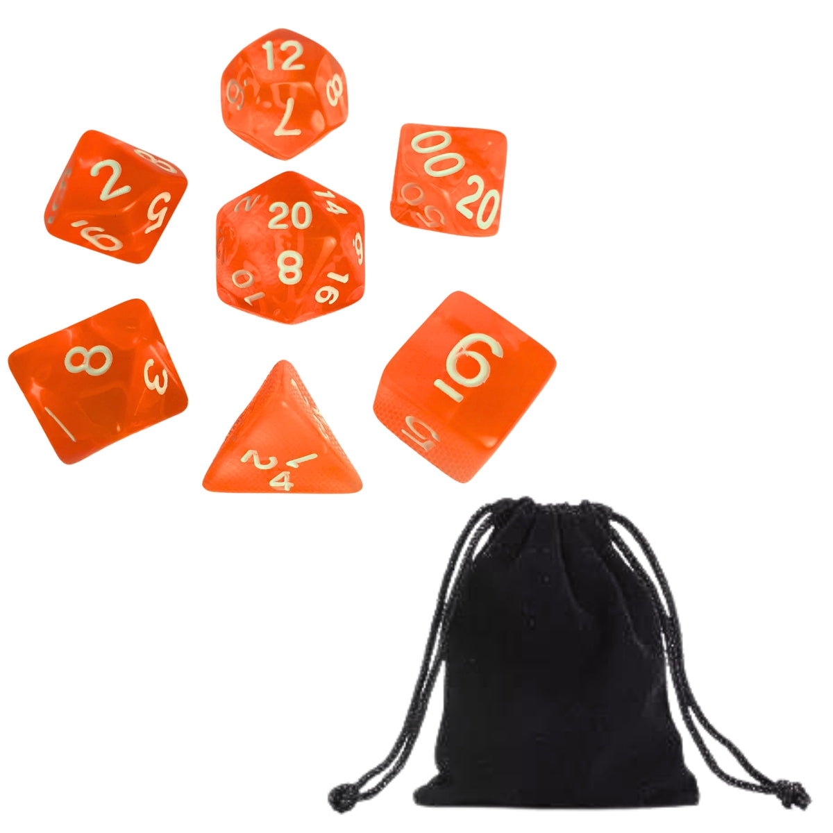 Conjunto de Dados para Rpg Laranja Translucido com N° Branco