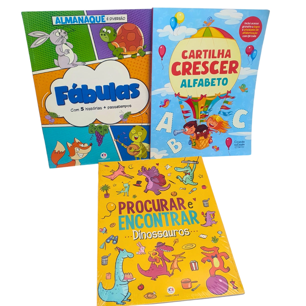 Kit 3 Livros Infantil Apoio Escolar: Cartilha Crescer - Alfabeto + Almanaque É Diversão Fábulas + Dinossauros - Procurar E Encontrar - Ciranda Cultural