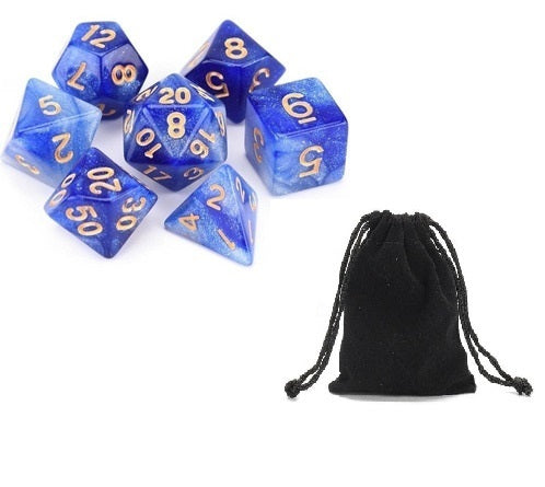 Conjunto de Dados para Rpg Nebula Glitter Azul com Branco com N° Dourado