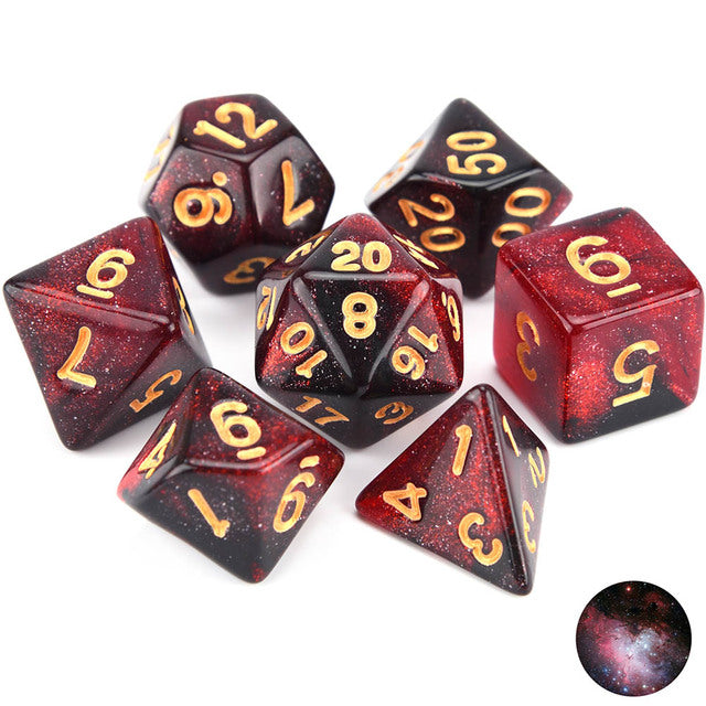 Conjunto de Dados para Rpg Nebula Vermelho com Preto com N° Dourado