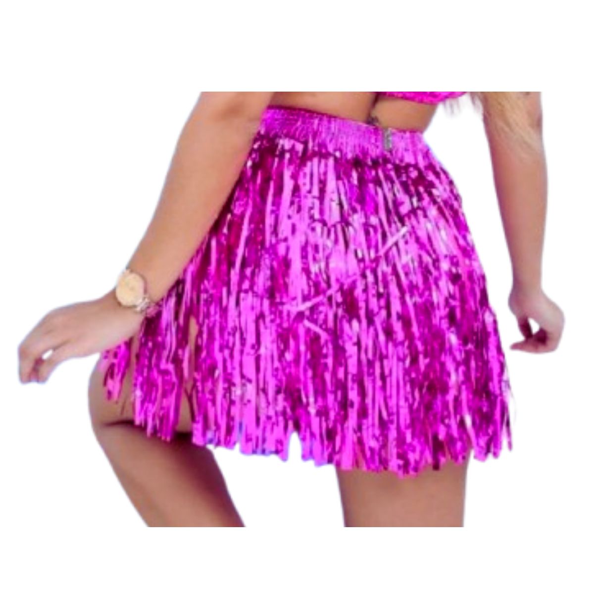 Saia Fitilho Franja Metalizada Fantasia Carnaval Rosa