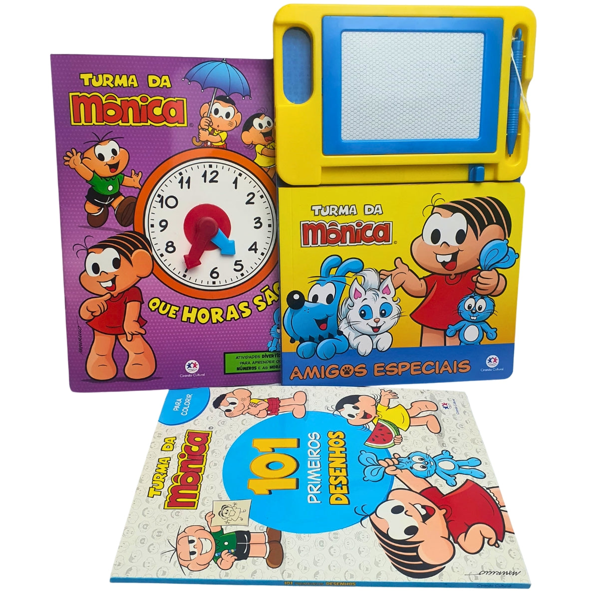 Kit 3 Livros Infantil Turma Da Mônica: Que Horas São + Lousa Magnética + 101 Primeiros Desenhos - Ciranda Cultural
