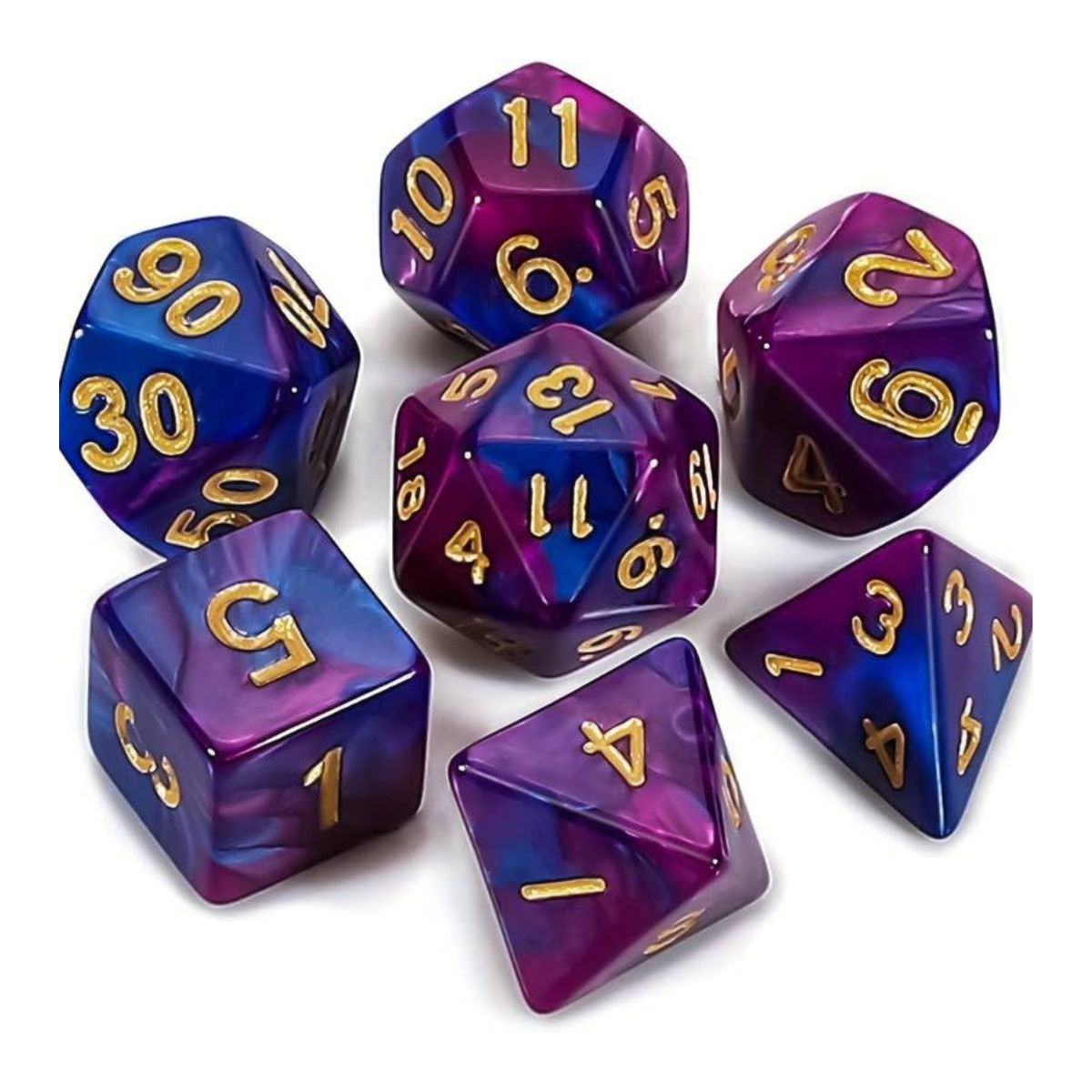 Conjunto de Dados para Rpg Roxo com Azul com N° Dourado