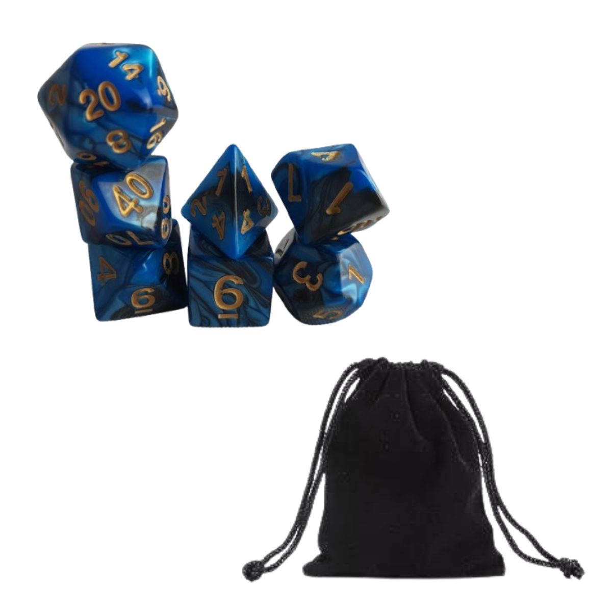 Dados Rpg Conjunto Com Sete - Azul Com Preto C/ N° Dourado