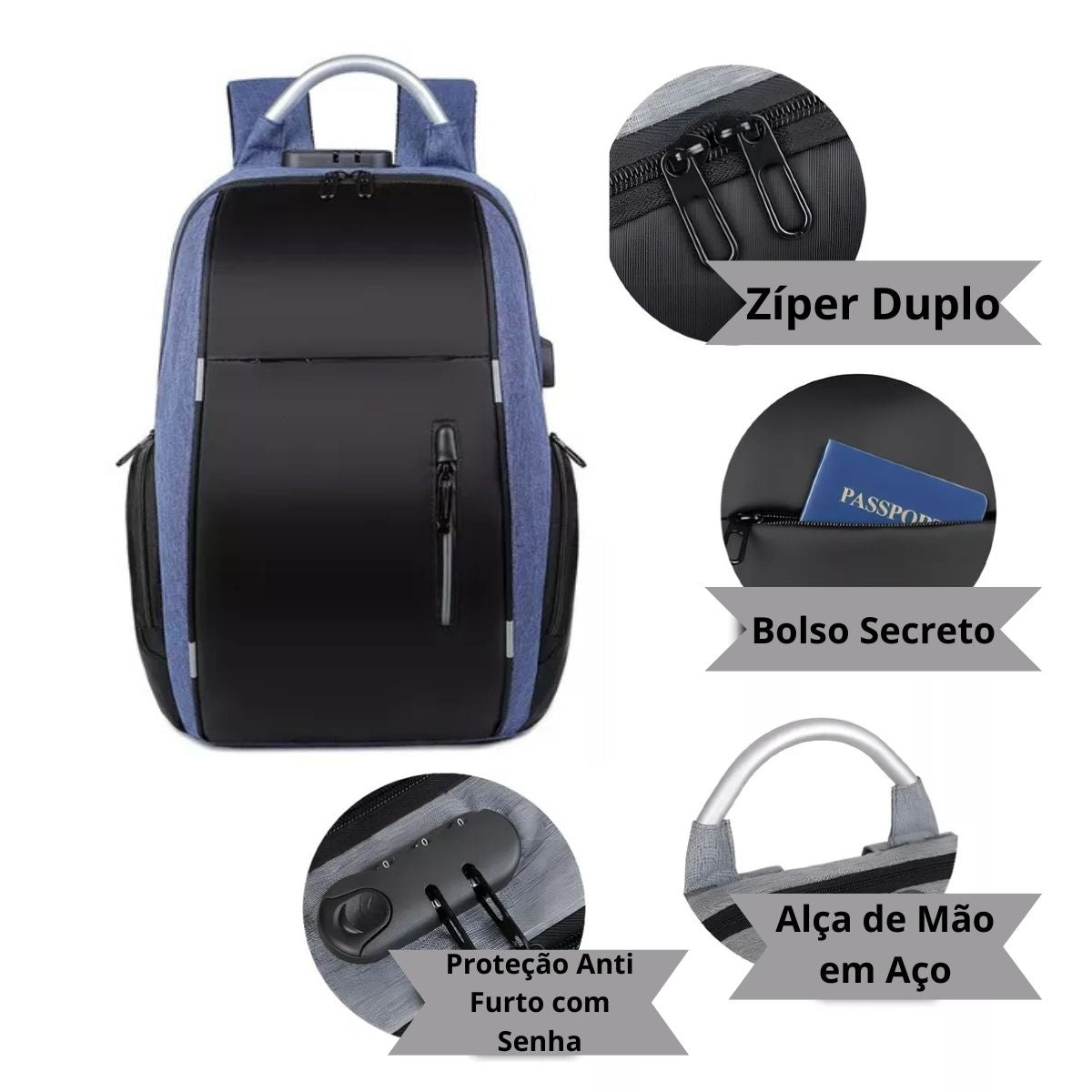 Mochila Antifurto Impermeável Azul Usb Com Trava E Código