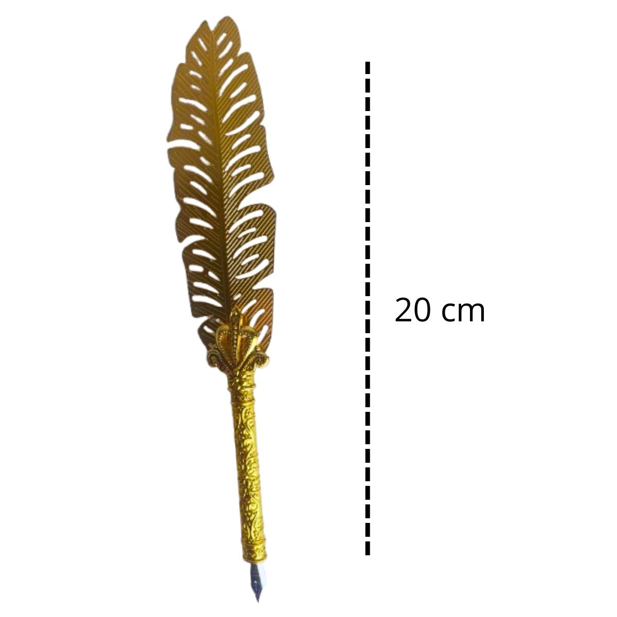 Kit Caneta Tinteiro Pena Dourado Com Tinta E Suporte - M5