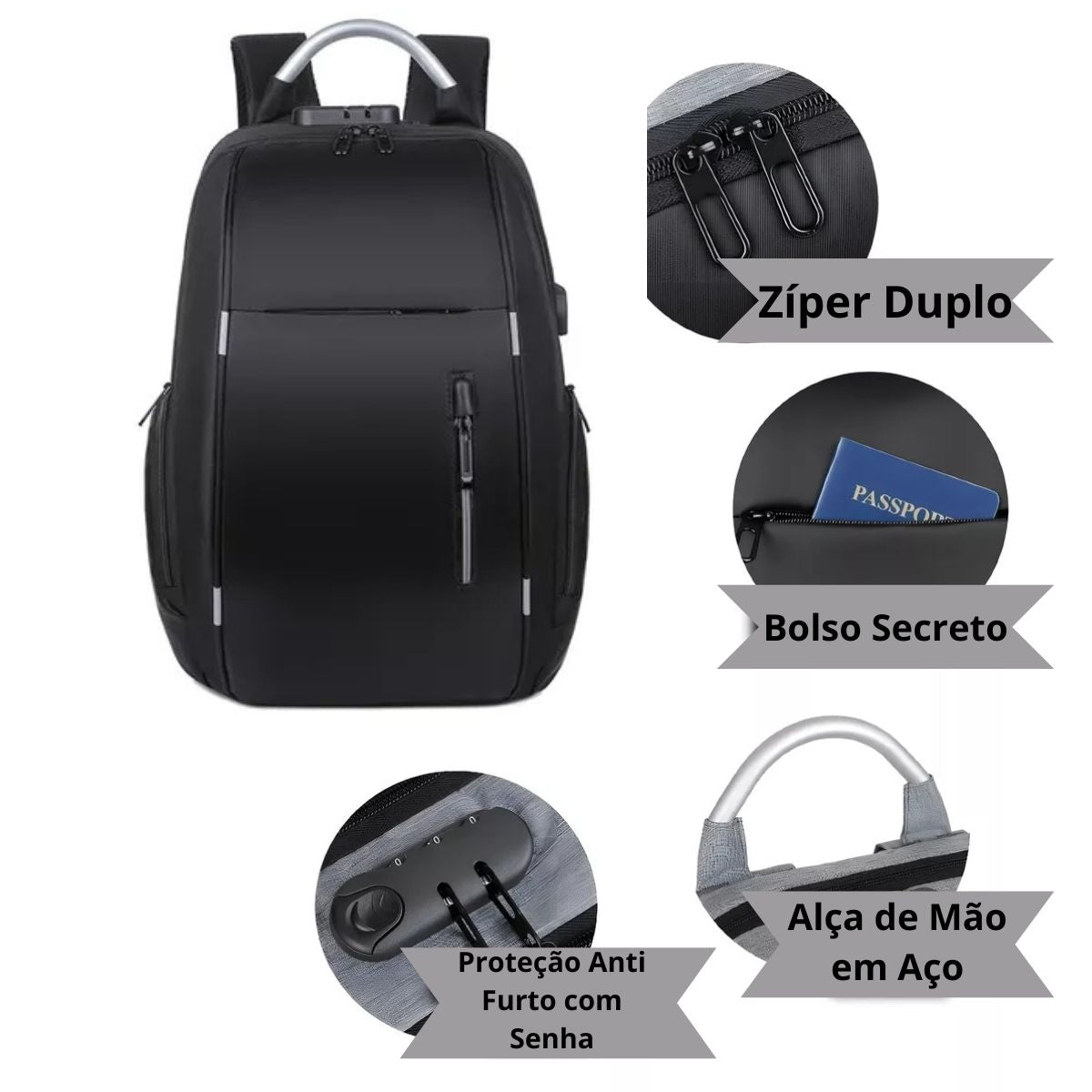 Mochila Antifurto Impermeável Preto Usb Com Trava E Código