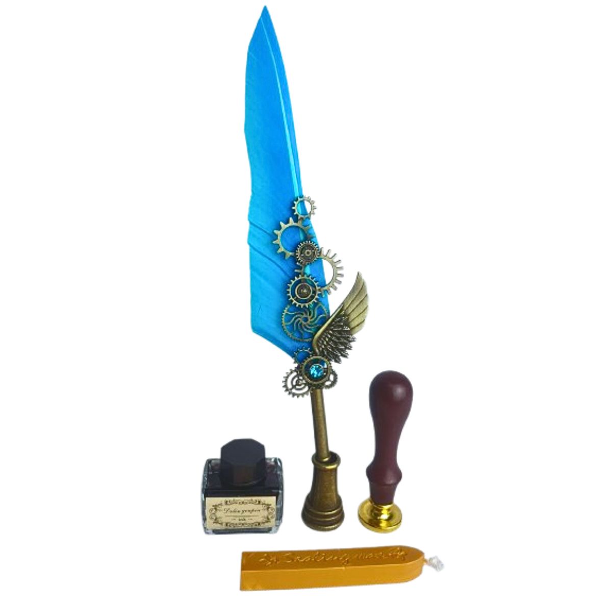 Kit Caneta Tinteiro Pena Engrenagem Azul Claro Com Carimbo