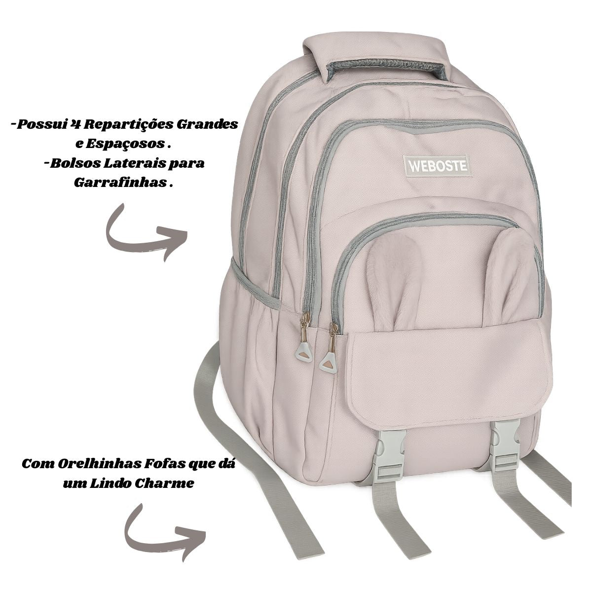 Mochila Bolsa Costas Feminina Com Chaveiro Ursinho Cinza