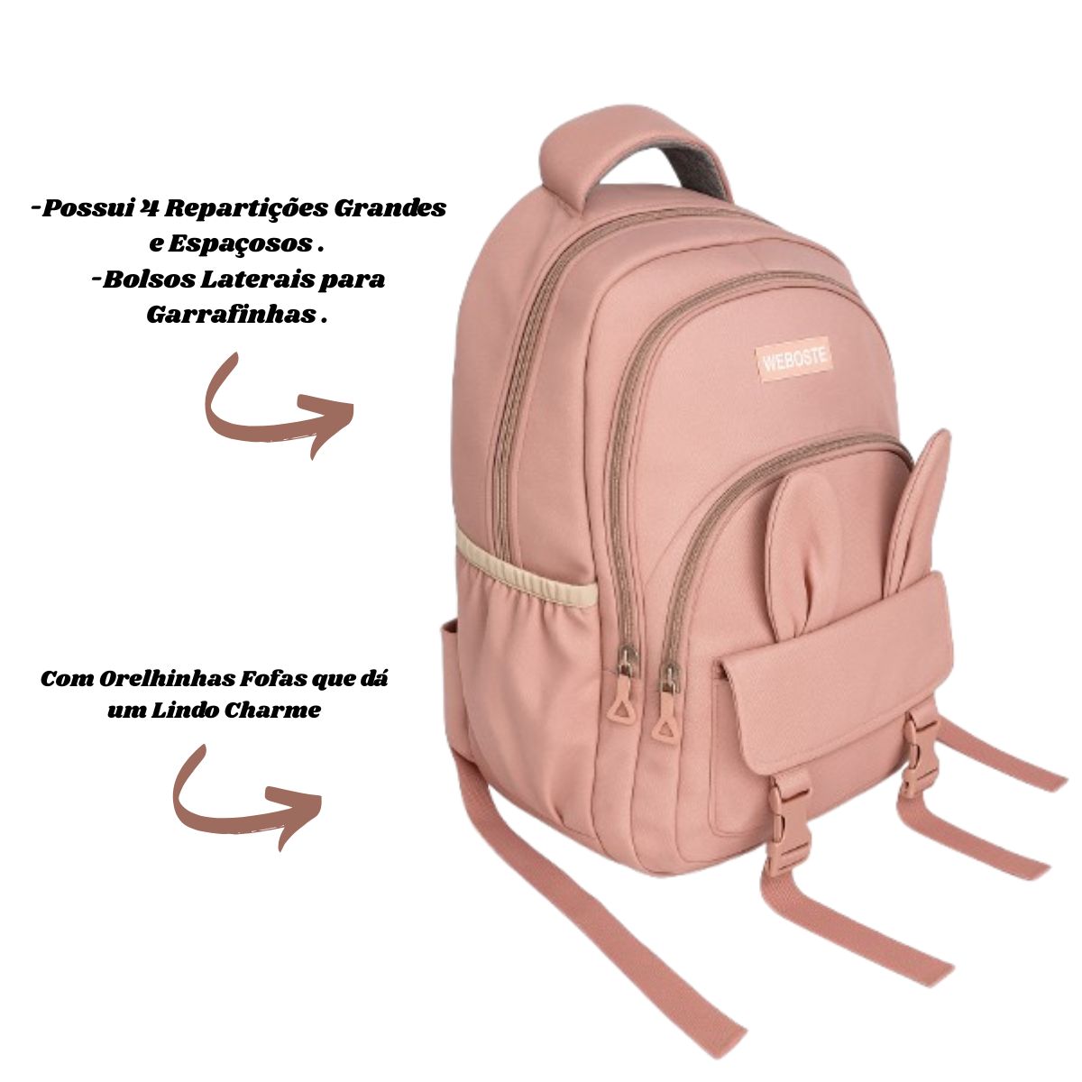 Mochila Bolsa Costas Feminina Com Chaveiro Ursinho Rosa