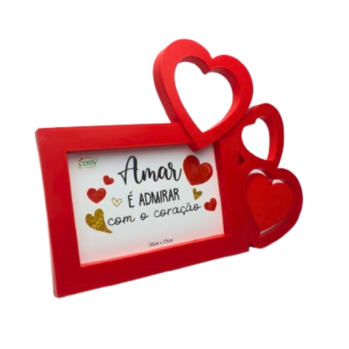 Kit Porta Retrato Coração Vermelho Amor Love + Buquê com 12 Botões de Rosas Artificial C/ Tag