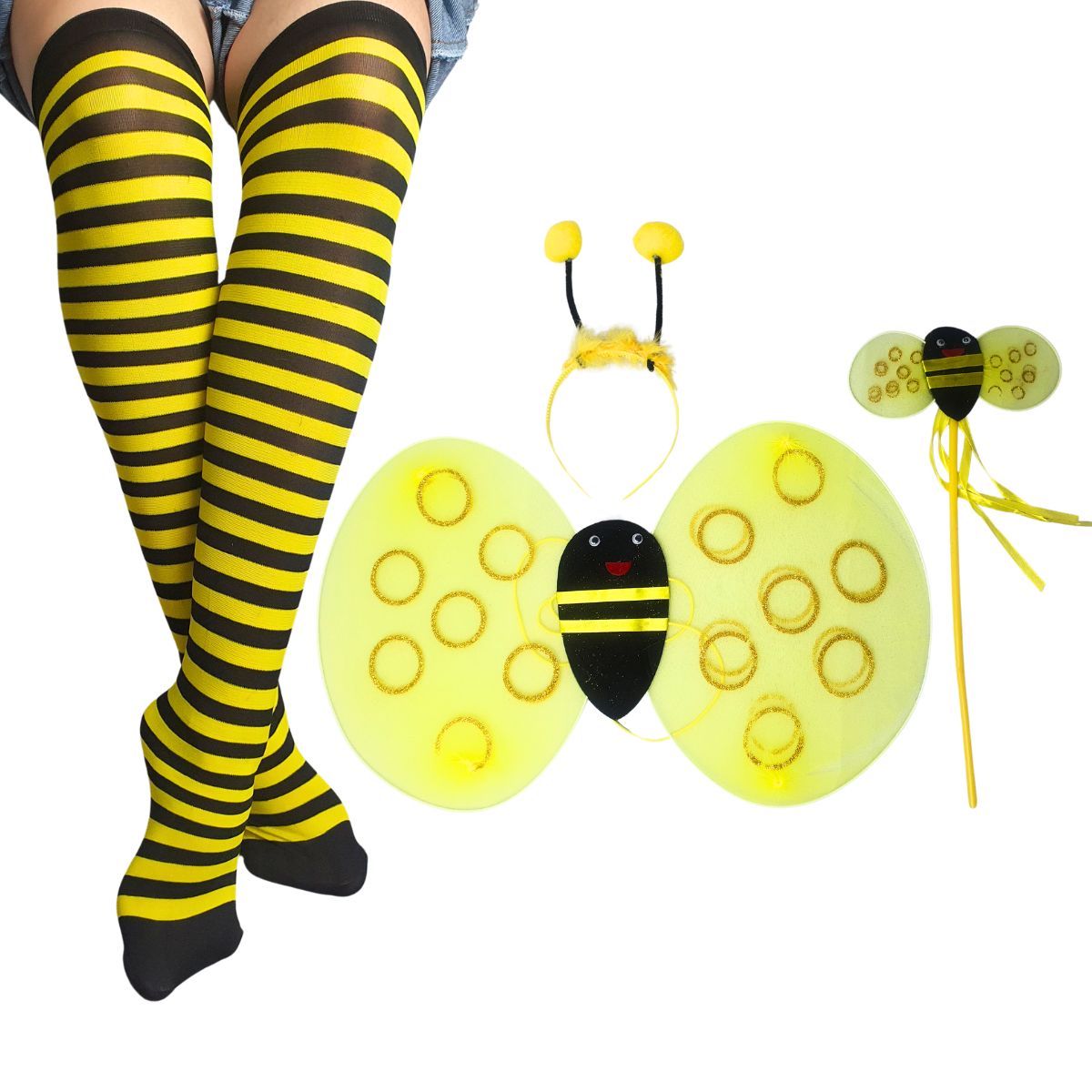 Kit Fantasia Abelhinha Festa Carnaval Cosplay Asa, Tiara, Varinha + Meia Calça 5/8