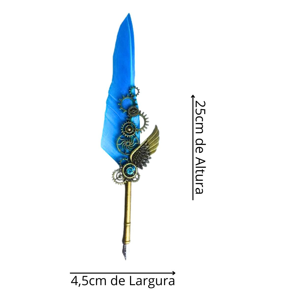 Kit Caneta Tinteiro Pena Engrenagem Azul Claro Com Carimbo