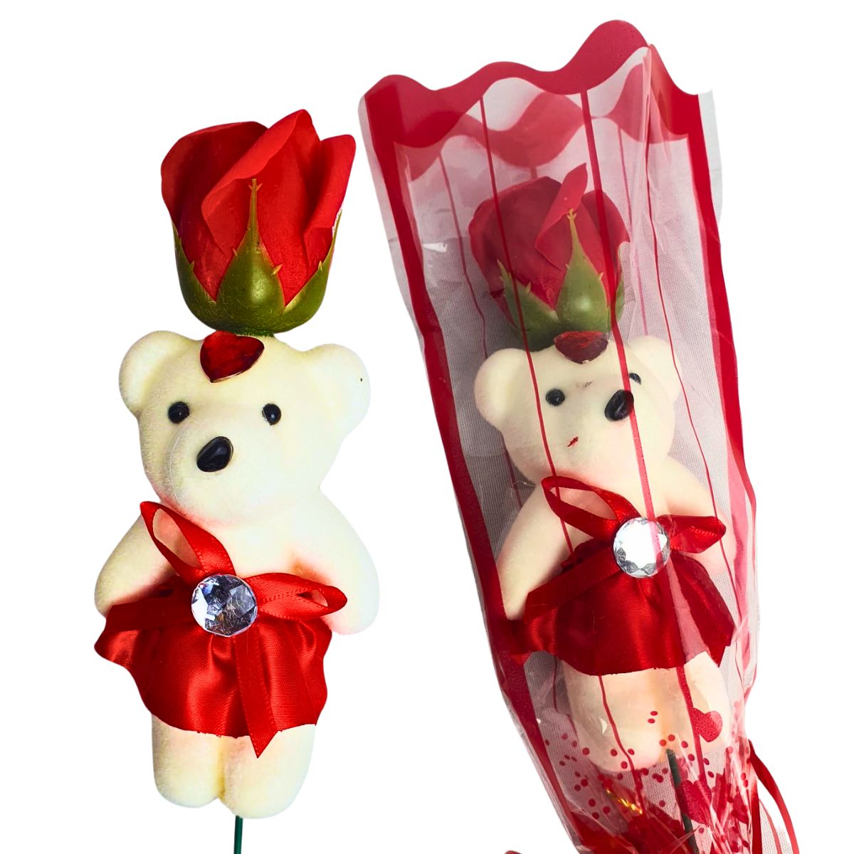 Kit Porta Retrato Coração Rosa Amor Love + 4 Botões de Rosas Artificial C/Ursinho