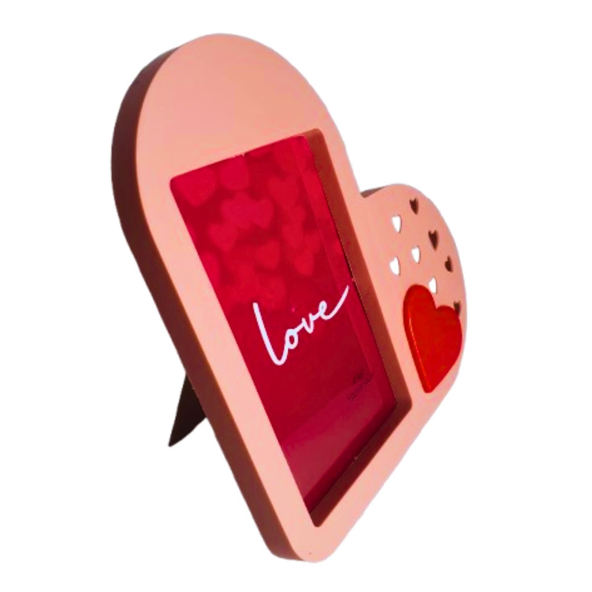 Kit Porta Retrato Coração Rosa Amor Love + 5 Botões de Rosas Artificiais Embalado Celofane C/ Tag