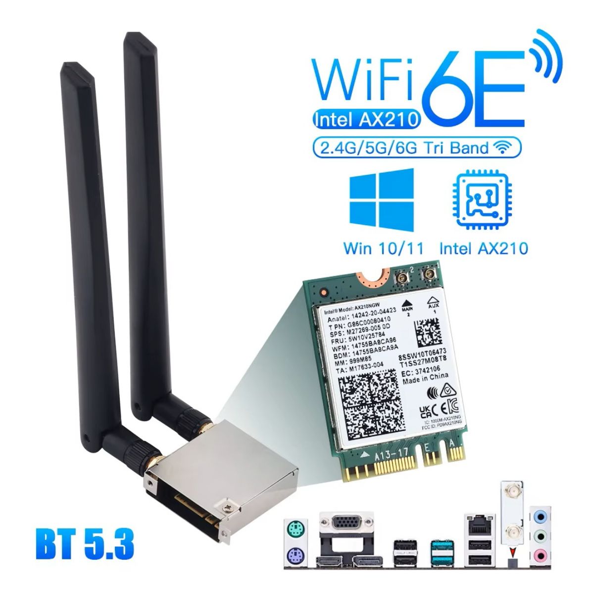 Placa De Rede Wifi 6e Bluetooth 5.3 Ax210 M.2 Sem Fio 5374mbps 2.4ghz 5ghz 6ghz 802.11ax Adaptador Wi-fi