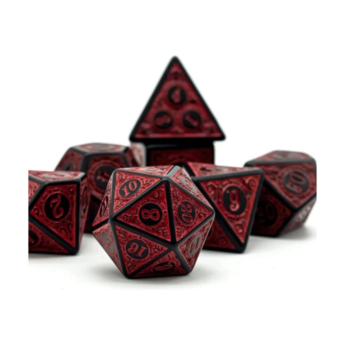 Dados Rpg Conjunto Com Sete - Runas Preta C/n° Vermelho