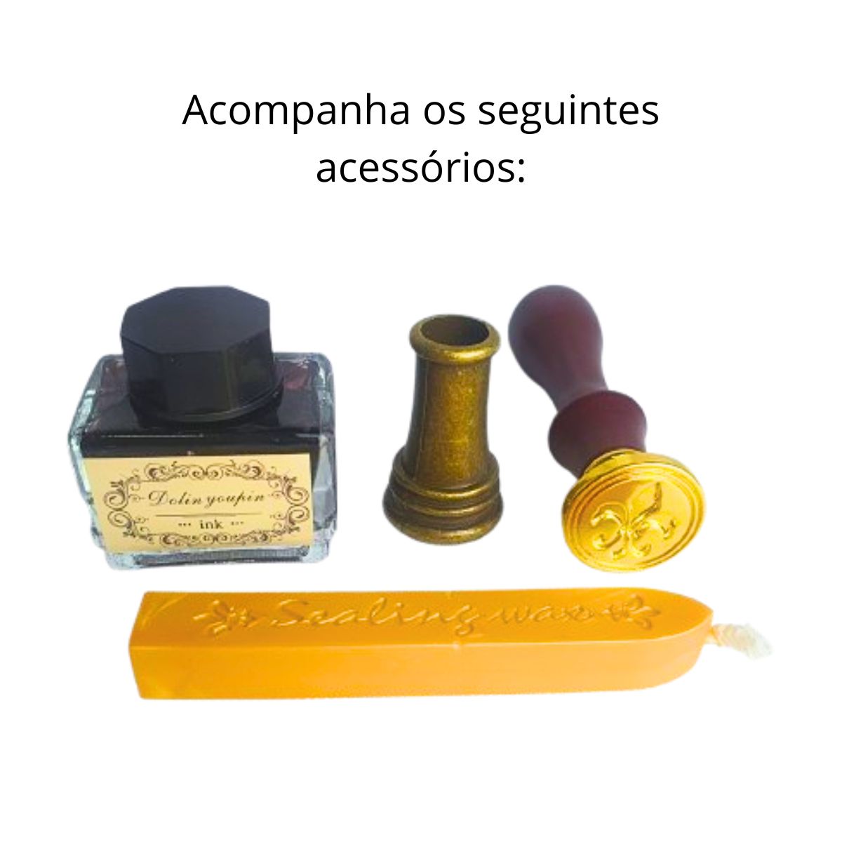 Kit Caneta Tinteiro Pena Engrenagem Azul Claro Com Carimbo