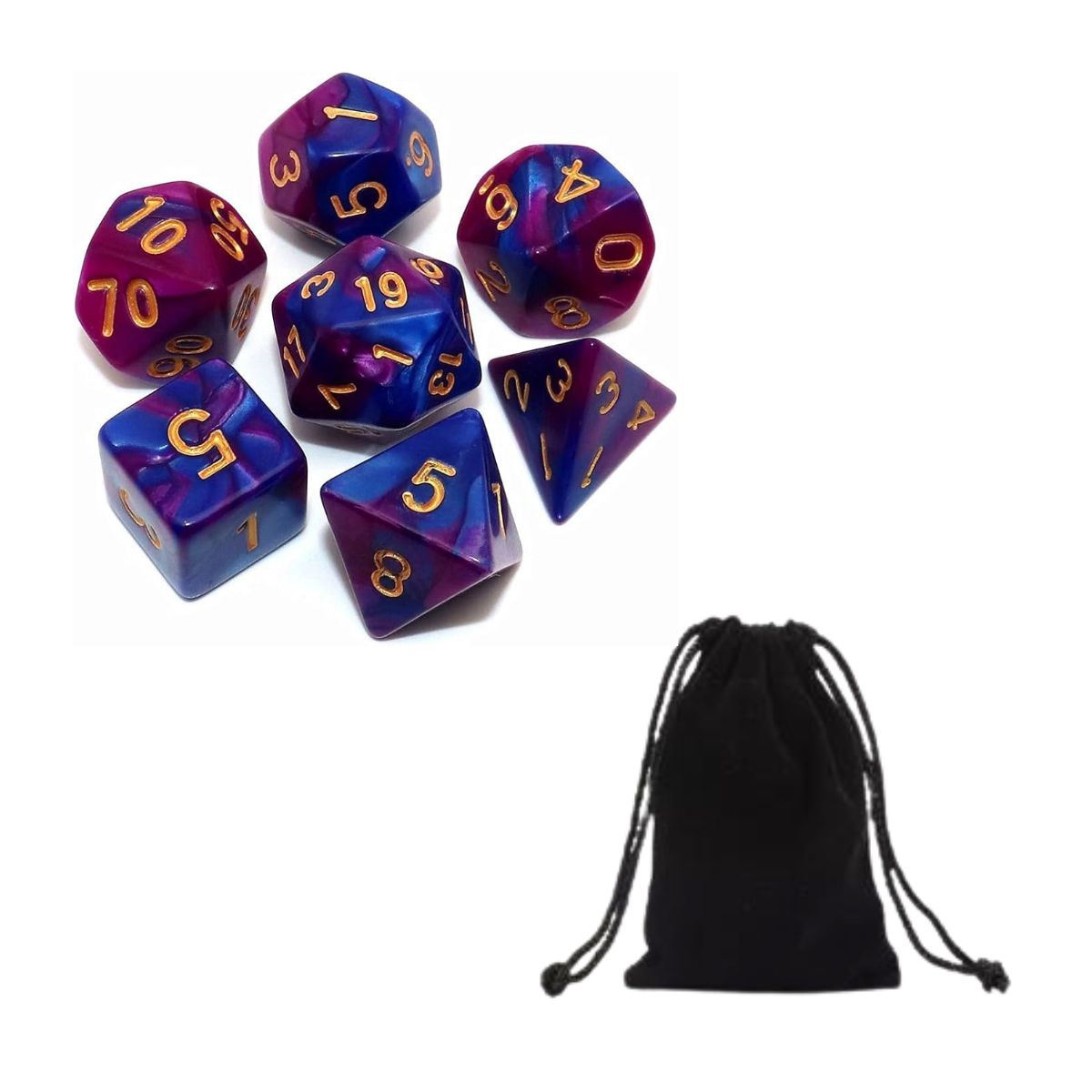 Conjunto de Dados para Rpg Roxo com Azul com N° Dourado