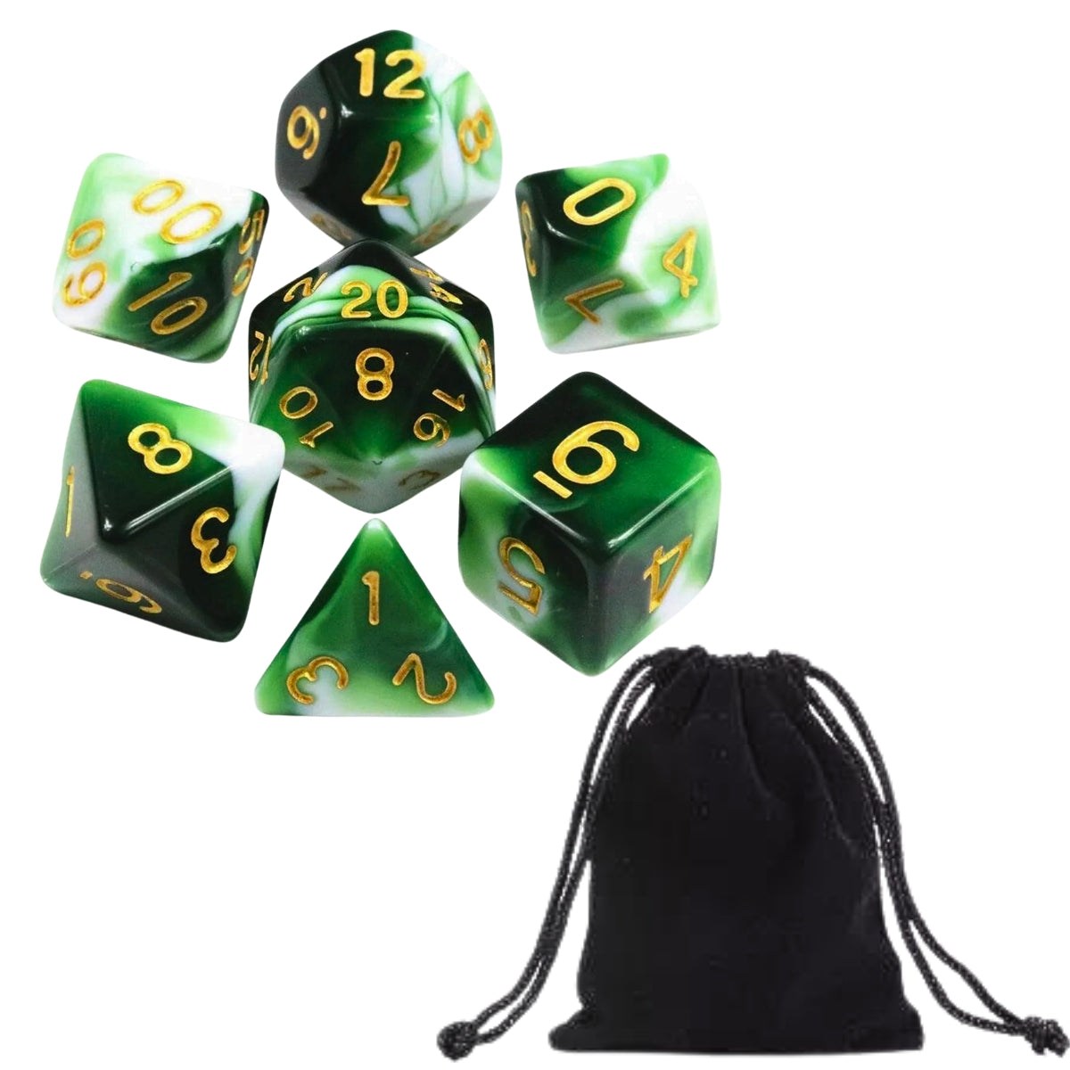 Conjunto de Dados para Rpg Branco com Verde com N° Dourado