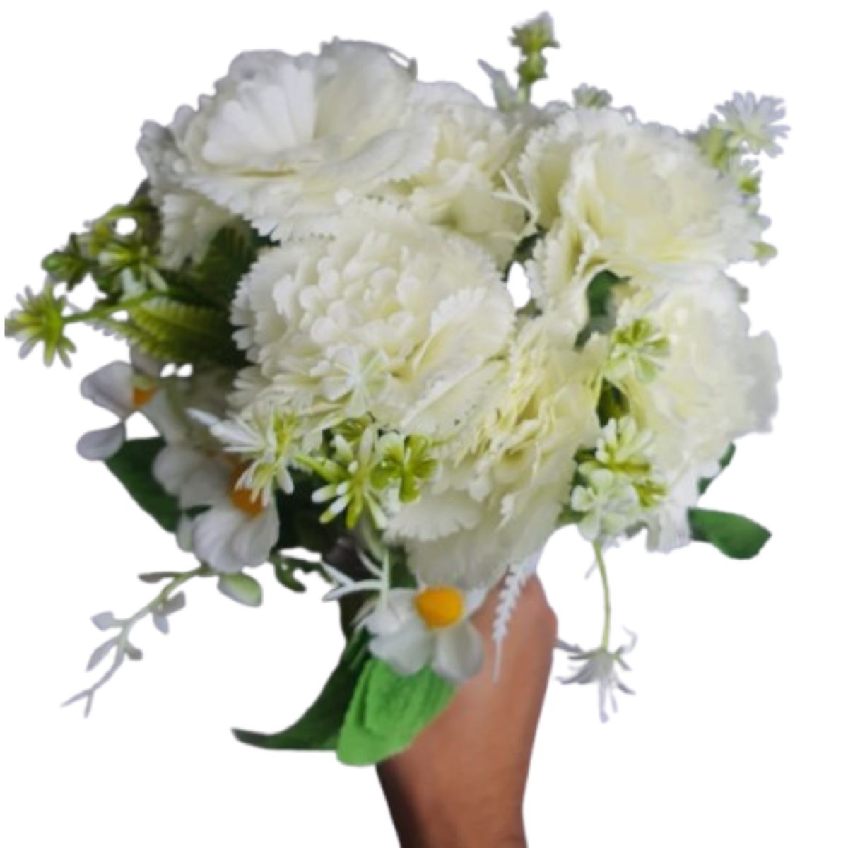 Buquê De Cravos Com 8 Flores Artificiais E Plantas - Branco
