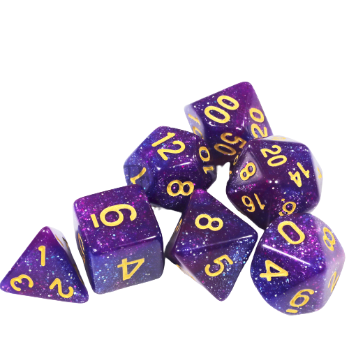 Conjunto de Dados para Rpg Nebula Glitter Roxo com Azul com N° Dourado