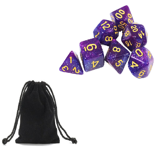 Conjunto de Dados para Rpg Nebula Glitter Roxo com Azul com N° Dourado