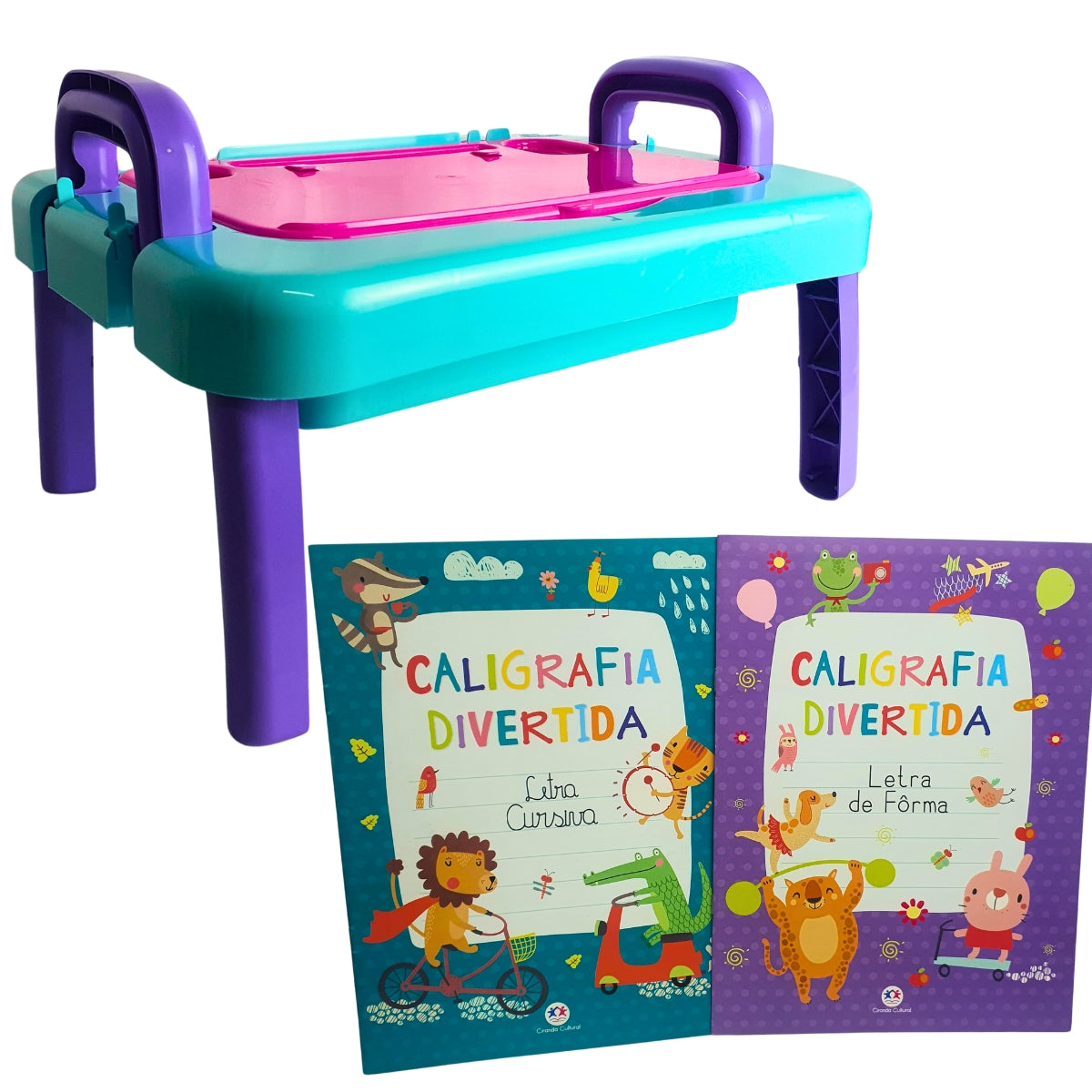 Mesa de Desenho Infantil Rosa com Azul Claro + Livros Para Praticar a Caligrafia