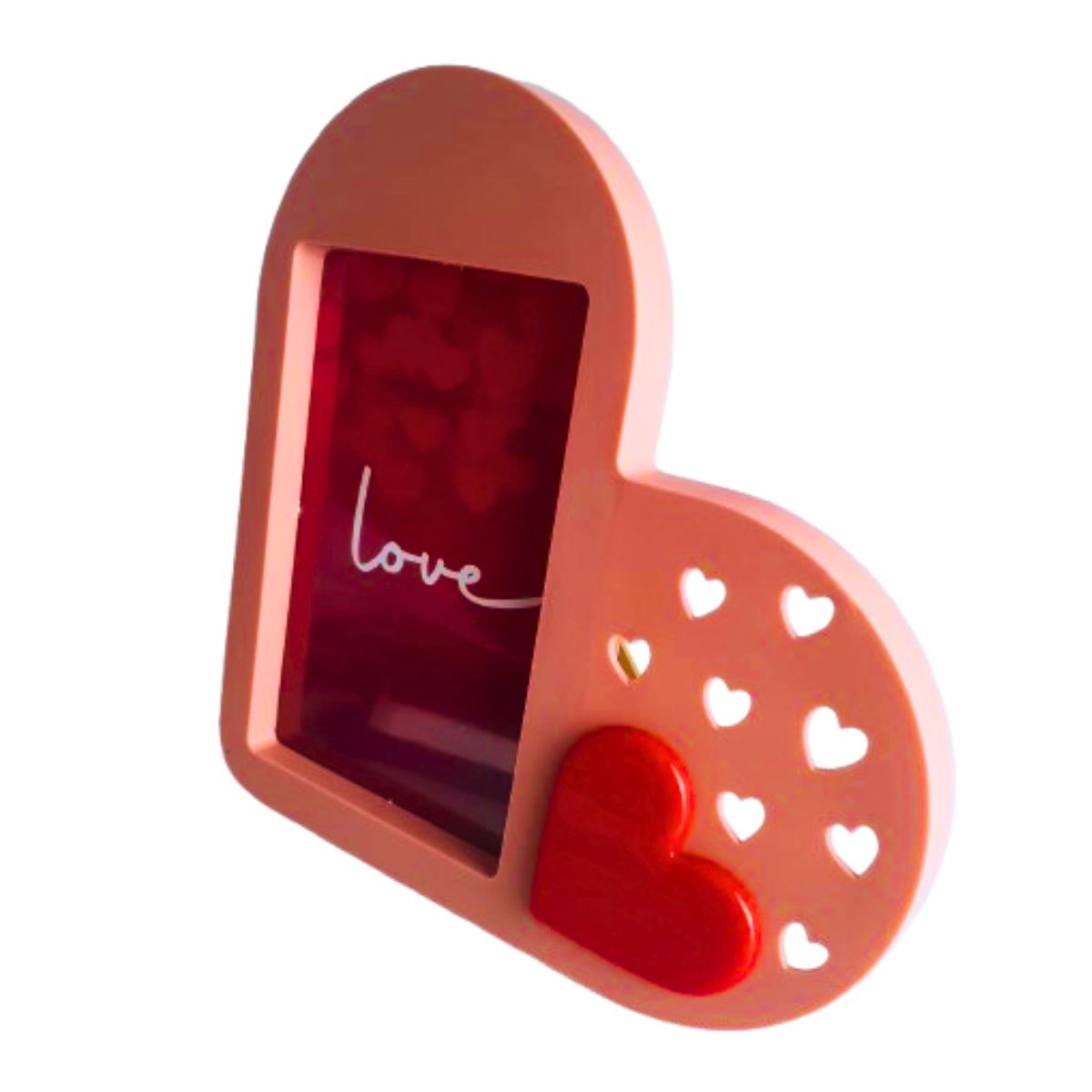 Kit Porta Retrato Coração Rosa Amor Love + Botão de Rosa Artificial Embalado Celofane C/ Tag