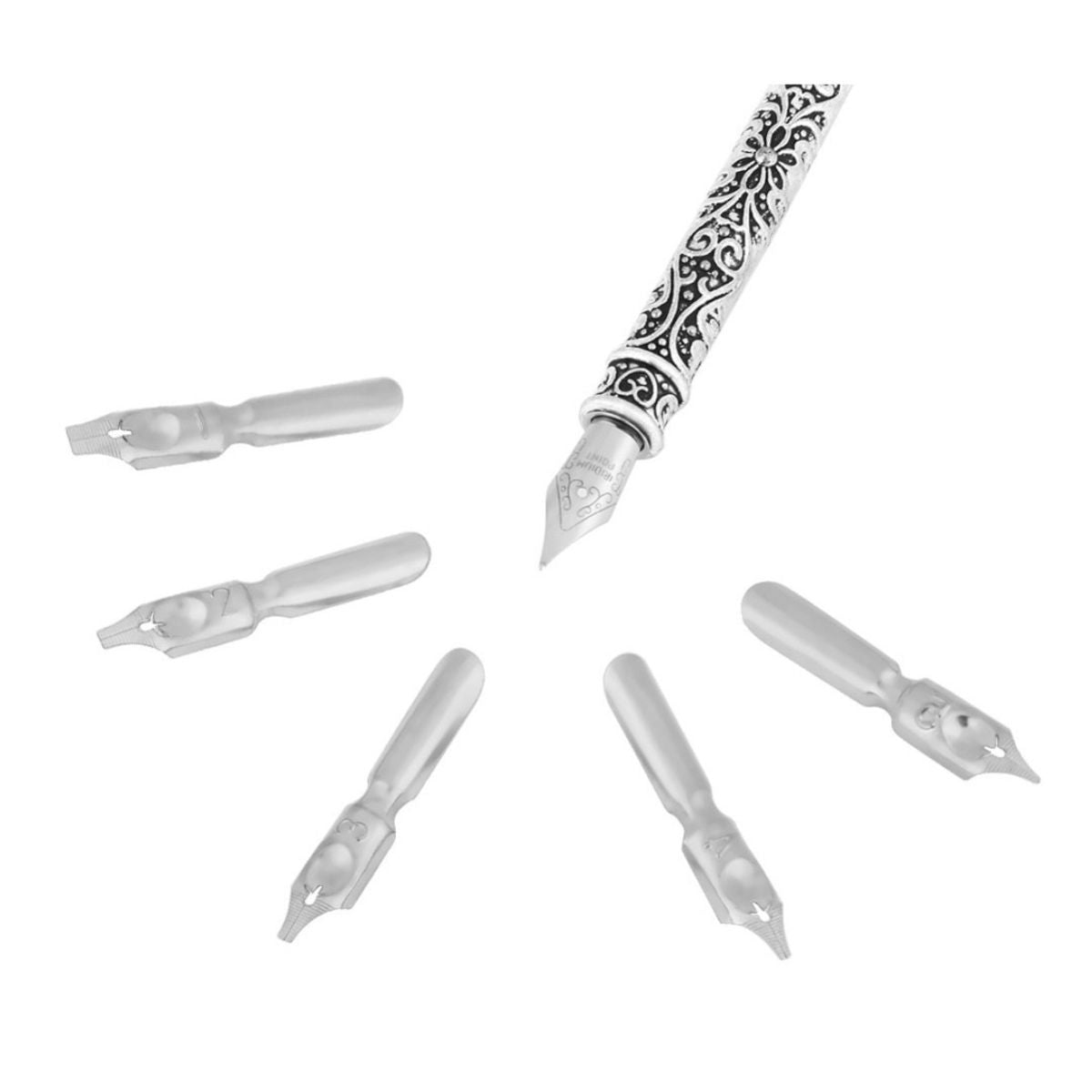 Kit Caneta Tinteiro Pena Cinza Antiga Simples
