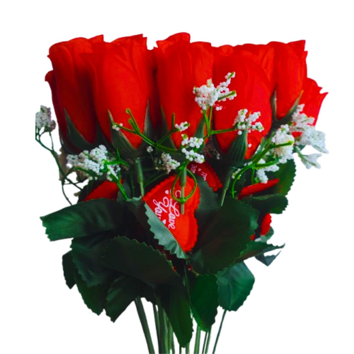 Kit Porta Retrato Coração Rosa Amor Love + Buquê com 24 Botões de Rosas Artificial C/ Tag