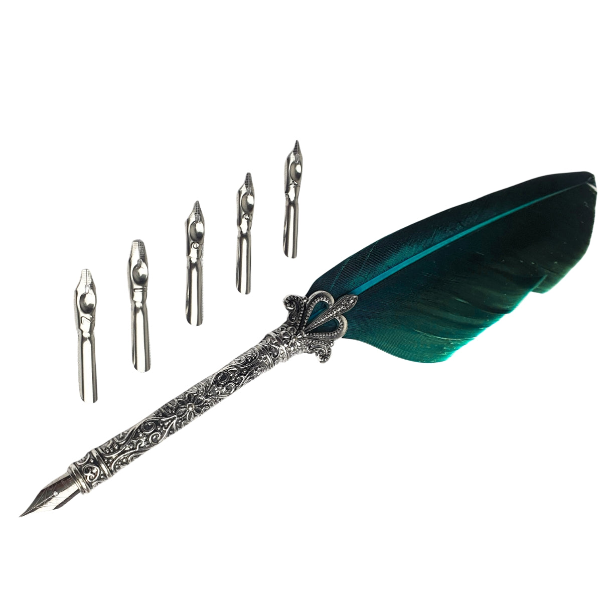 Kit Caneta Tinteiro de Pena Verde Água