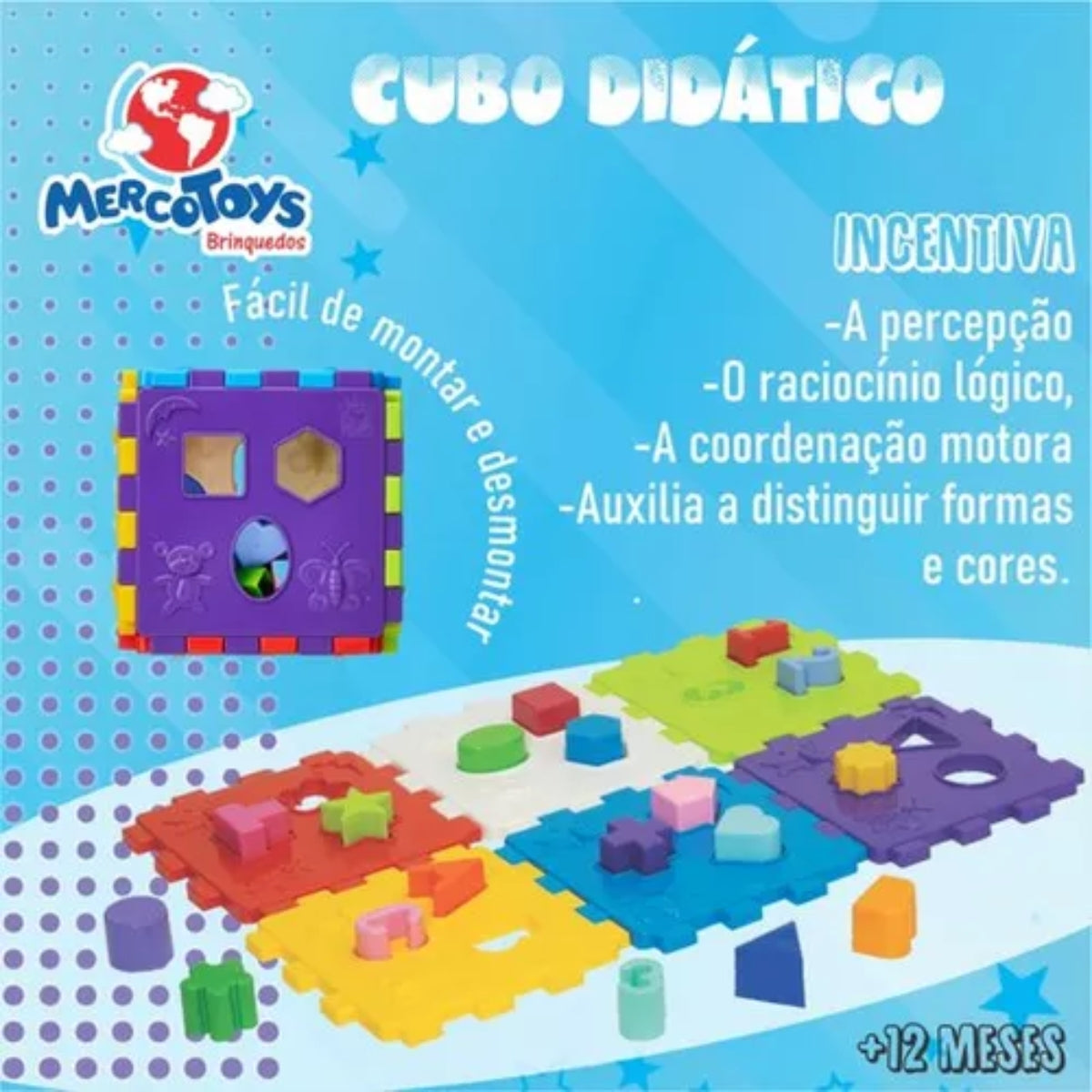 Cubo Didático MercoToys com Peças Geométricas para Encaixar e Brincar