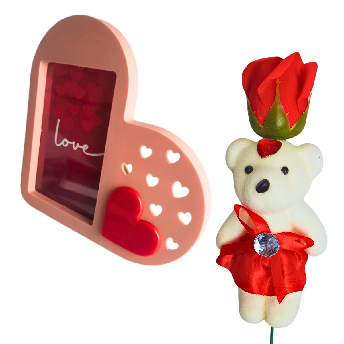 Kit Porta Retrato Coração Rosa Amor Love + Botão Rosa Artificial C/Ursinho